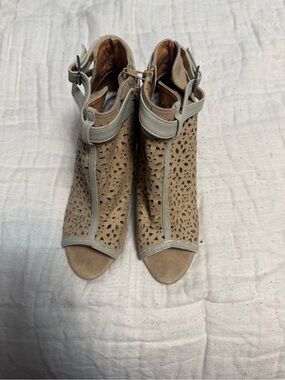 BKE Taupe Laser-Cut Peep-Toe Ankle Heels
